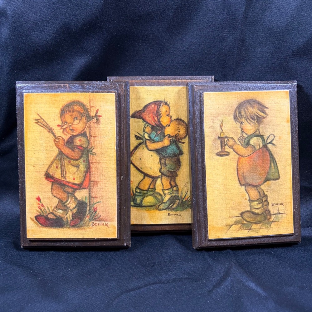 Vintage Bonnie Wood Plaque Set 3 Mid Century Children Illustrations Wall Decor